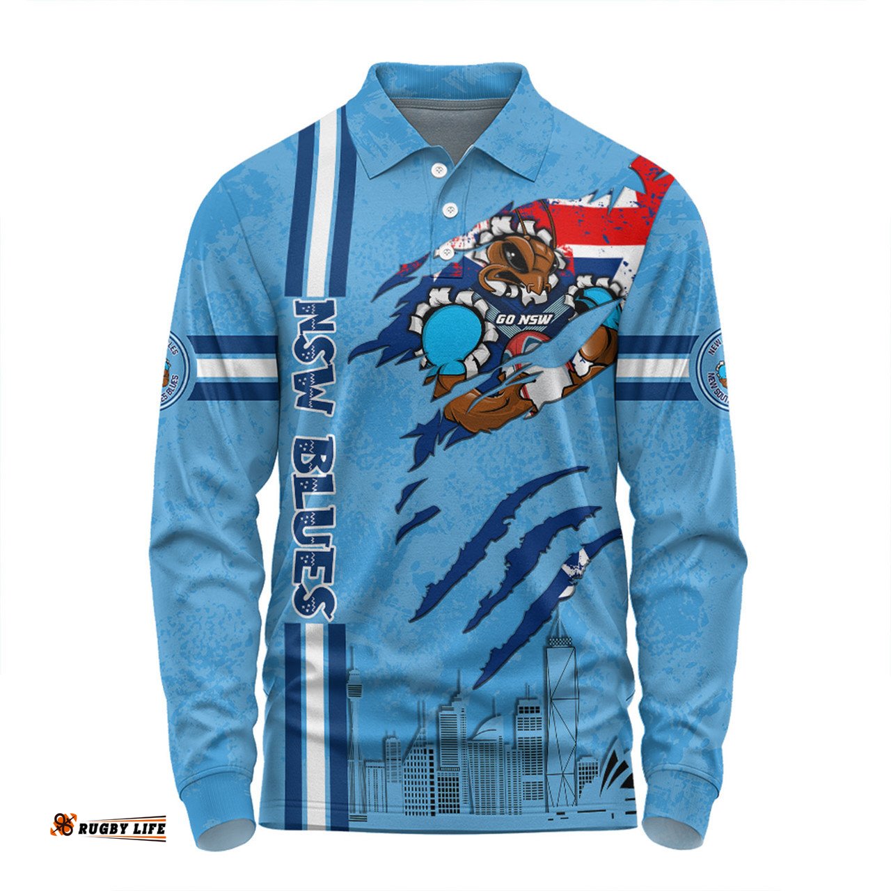 Amazing Aussie New South Wales Blues Happy Australia Day Flag Scratch Style Long Sleeve Polo Shirt