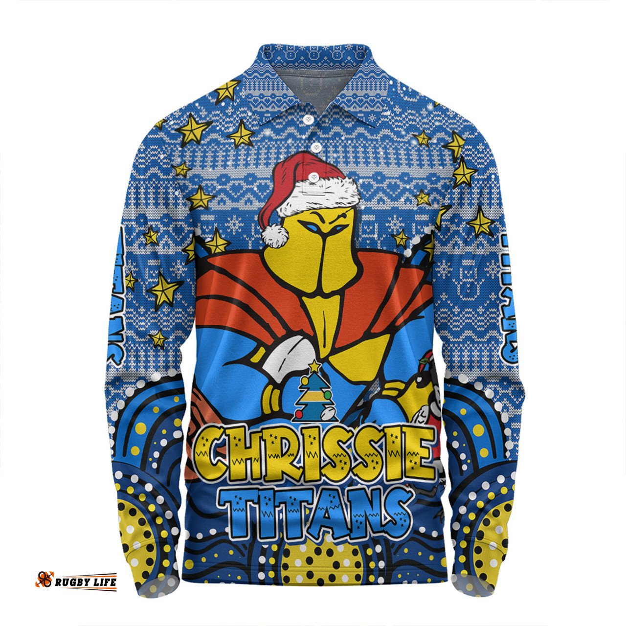 Amazing Aussie Gold Coast Titans Christmas Custom Christmas Knit Patterns Vintage Jersey Ugly Long Sleeve Polo Shirt