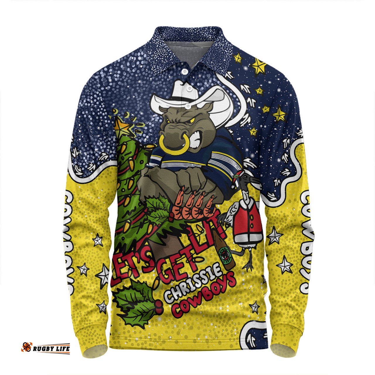 Amazing Aussie North Queensland Cowboys Christmas Custom Let's Get Lit Chrisse Pressie Long Sleeve Polo Shirt