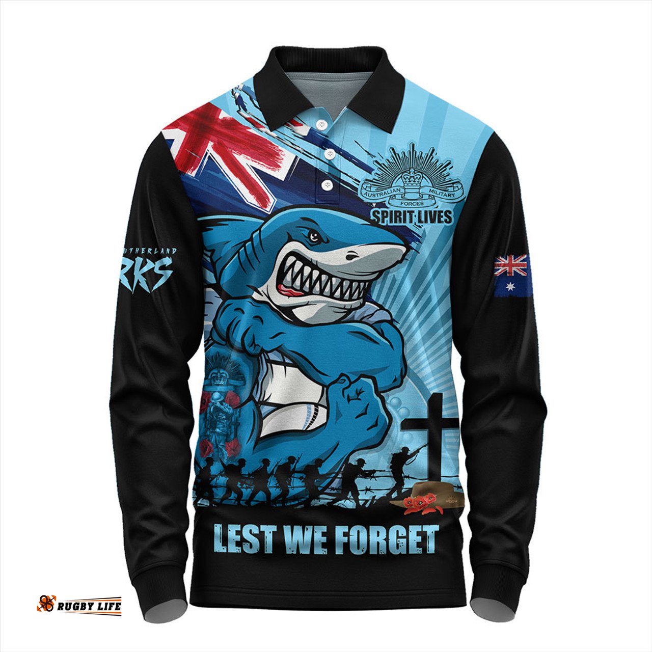 Amazing Aussie Cronulla Sutherland Sharks Fearless ANZAC Defender Long Sleeve Polo Shirt