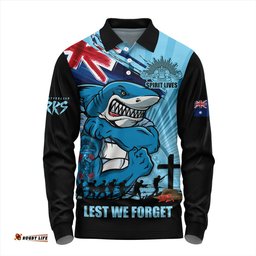 Amazing Aussie Cronulla Sutherland Sharks Fearless ANZAC Defender Long Sleeve Polo Shirt