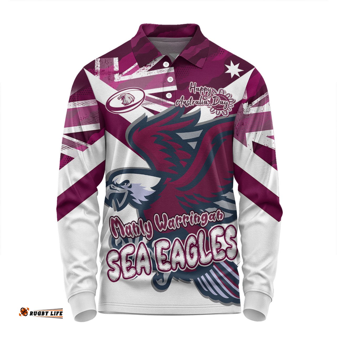 Amazing Aussie Manly Warringah Sea Eagles Happy Australia Day We Are One And Free V2 Long Sleeve Polo Shirt