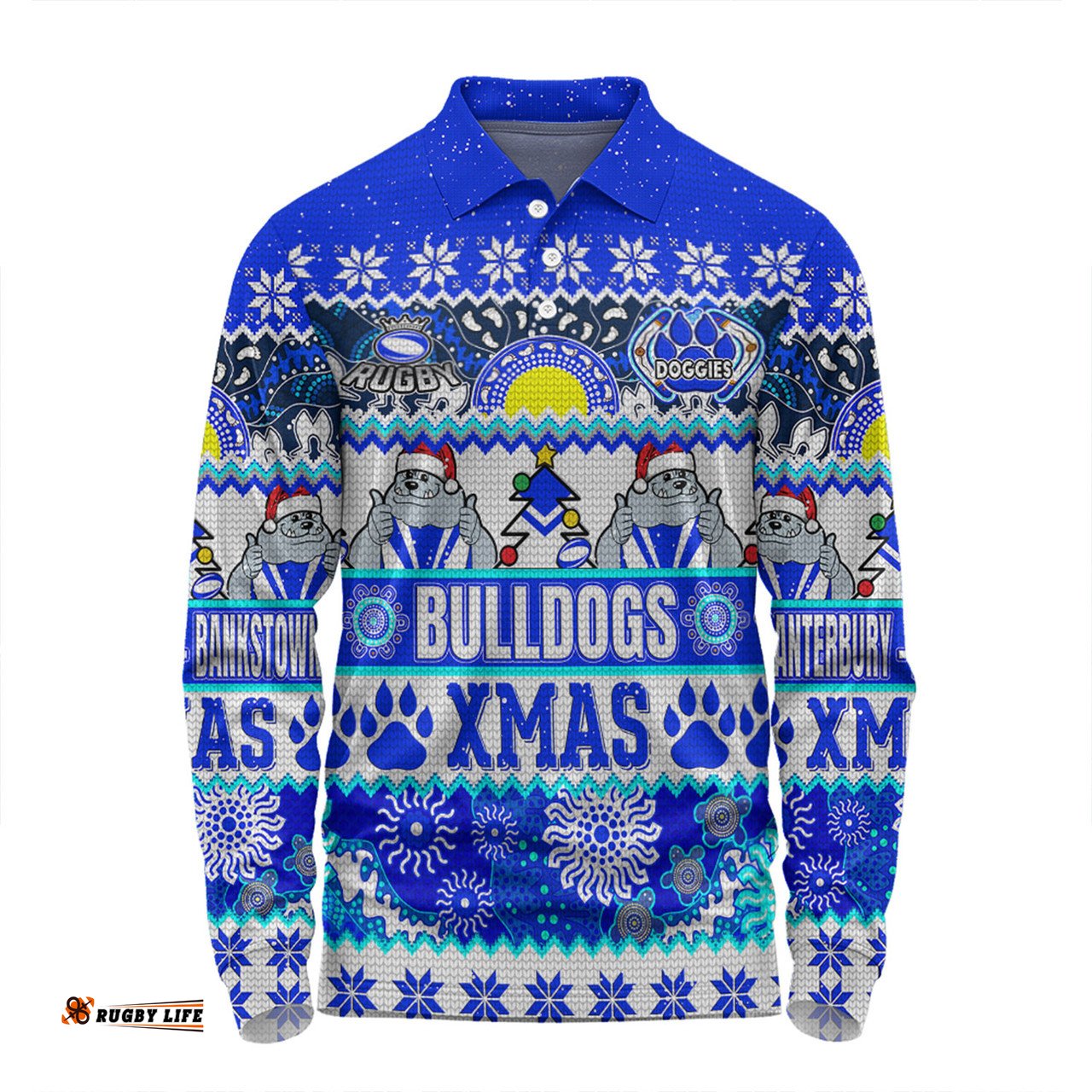 Amazing Aussie Canterbury Bankstown Bulldogs Christmas Aboriginal Custom Indigenous Knitted Ugly Xmas Style Long Sleeve Polo Shirt