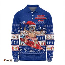 Amazing Aussie Australia Merry Christmas Mate Surf's Up Santa Blue Long Sleeve Polo Shirt