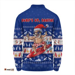 Amazing Aussie Australia Merry Christmas Mate Surf's Up Santa Blue Long Sleeve Polo Shirt