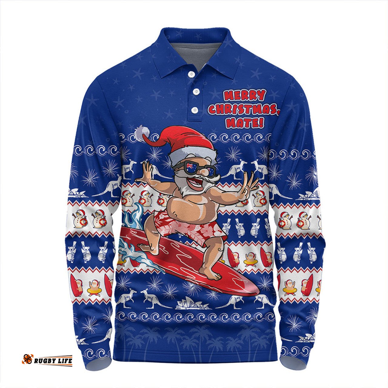 Amazing Aussie Australia Merry Christmas Mate Surf's Up Santa Blue Long Sleeve Polo Shirt