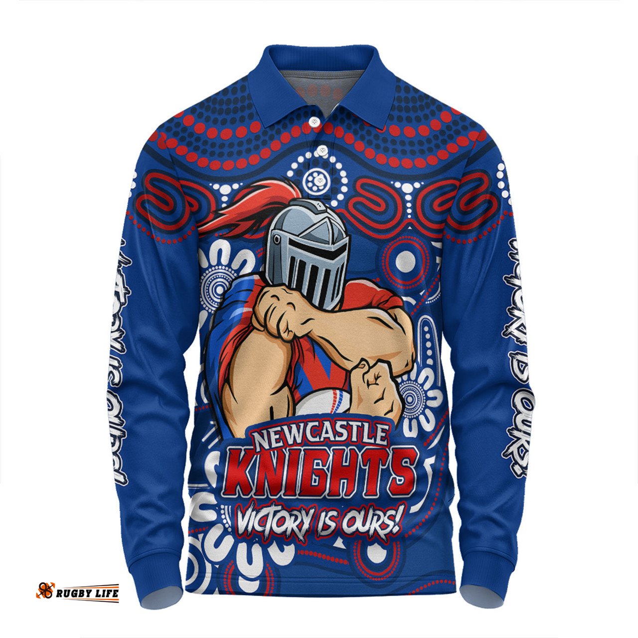 Amazing Aussie Newcastle Knights Aboriginal Inspired Tough Fan Rugby For Life Long Sleeve Polo Shirt