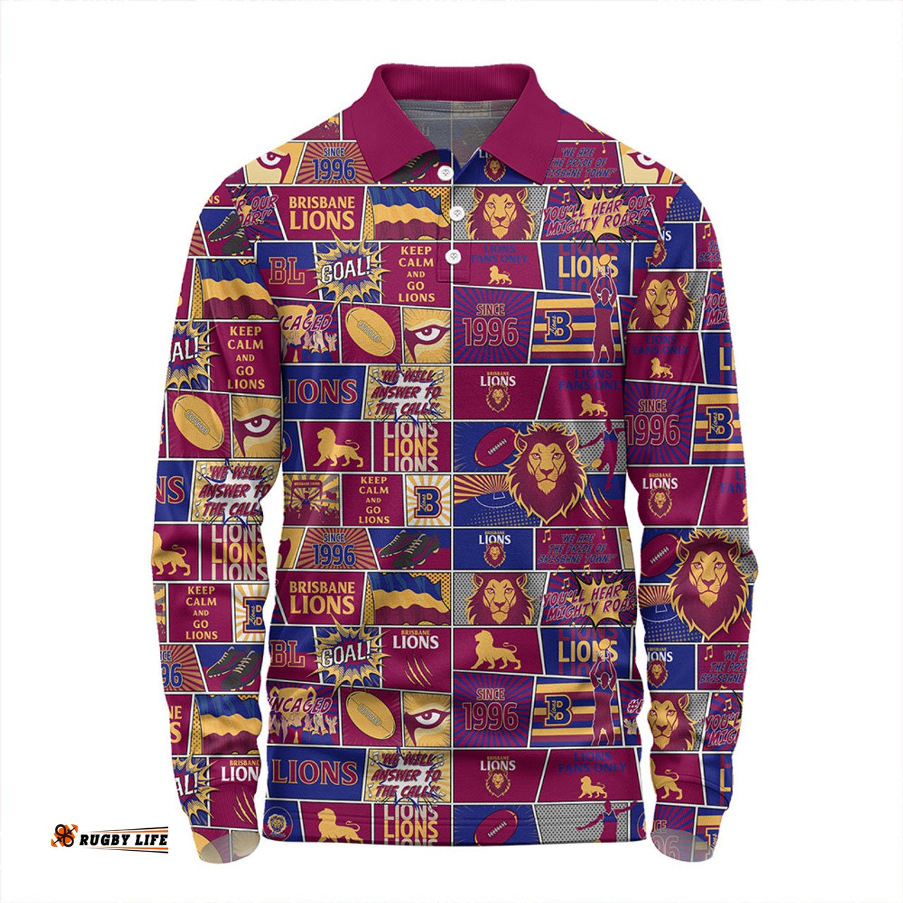 Amazing Aussie Brisbane Lions Legacy Of The Pride Comic Style Long Sleeve Polo Shirt