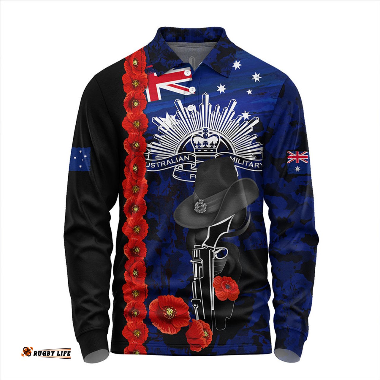 Amazing Aussie Australia Poppy Line Anzac Memorial Long Sleeve Polo Shirt