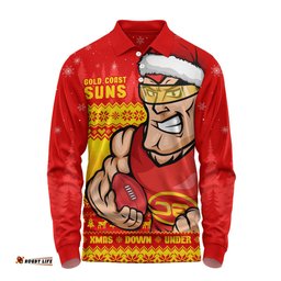 Amazing Aussie Gold Coast SUNS Merry Christmas Down Under Footy Power Style Long Sleeve Polo Shirt