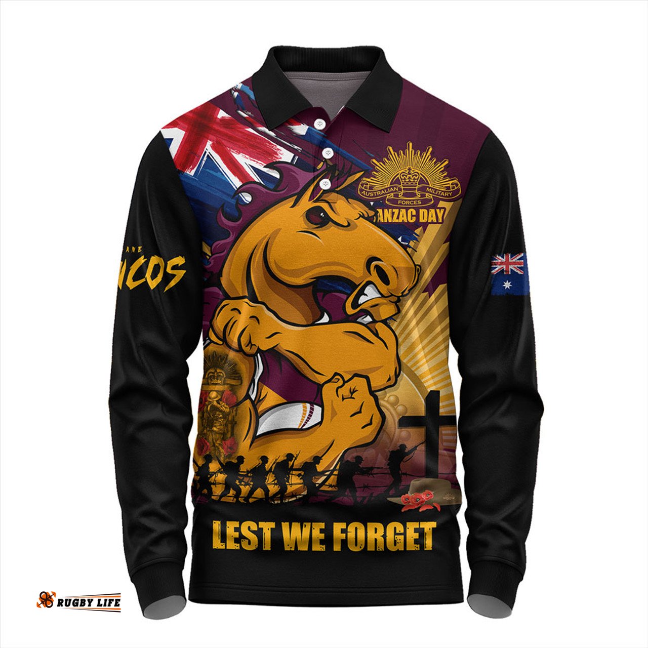 Amazing Aussie Brisbane Broncos Fearless ANZAC Defender Long Sleeve Polo Shirt