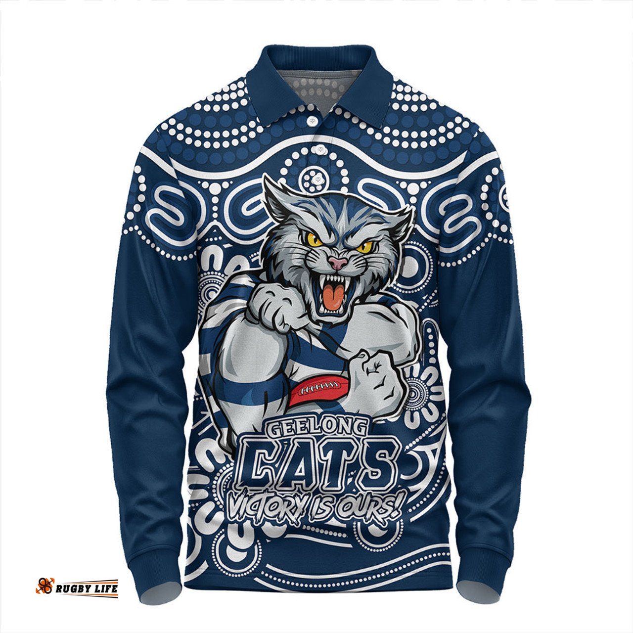 Amazing Aussie Geelong Cats Aboriginal Inspired Tough Fan Football For Life Long Sleeve Polo Shirt