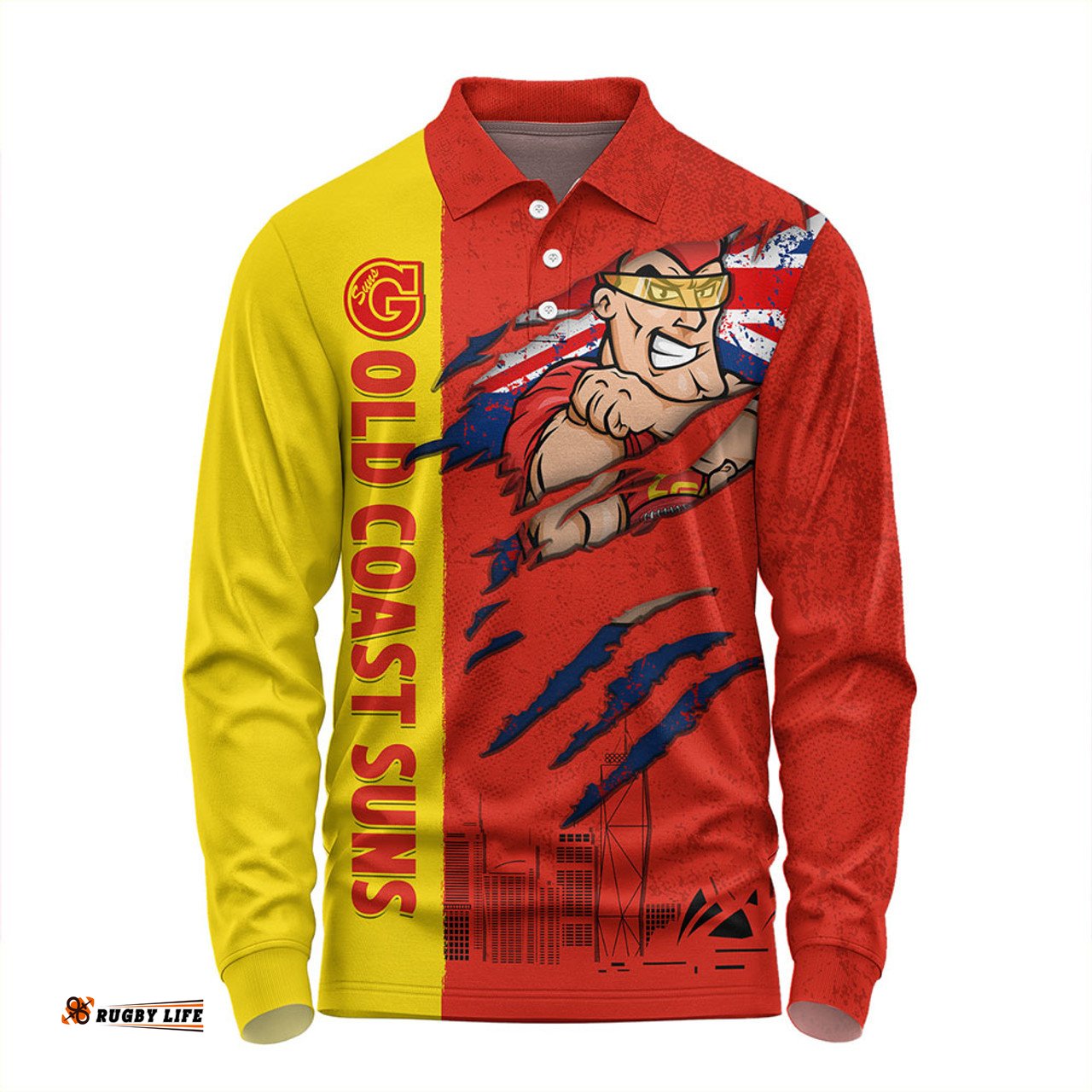 Amazing Aussie Gold Coast SUNS Burning Passion Of Power Scratch Style Long Sleeve Polo Shirt