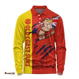 Amazing Aussie Gold Coast SUNS Burning Passion Of Power Scratch Style Long Sleeve Polo Shirt