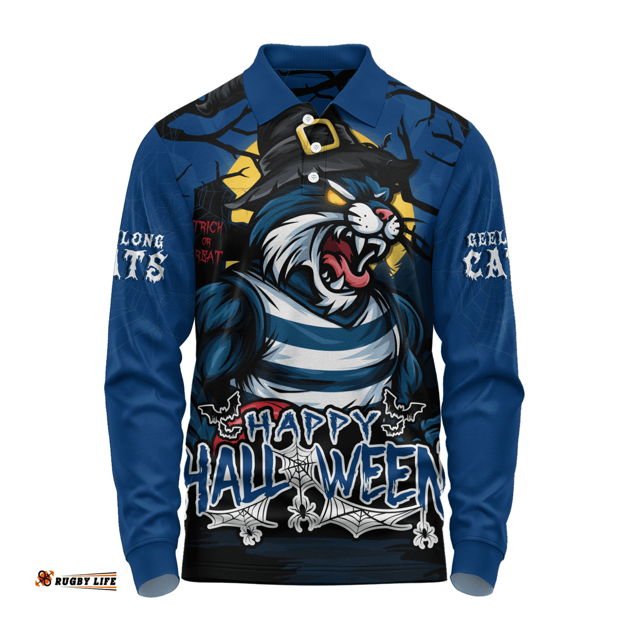 Amazing Aussie Geelong Cats Full Moon Fever Halloween Supporter Long Sleeve Polo Shirt