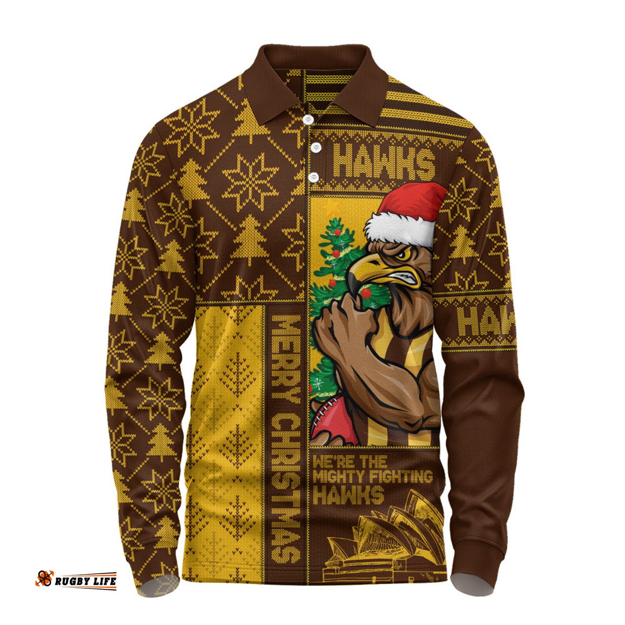 Amazing Aussie Hawthorn Merry Christmas Knit Style Festive Spirit Long Sleeve Polo Shirt
