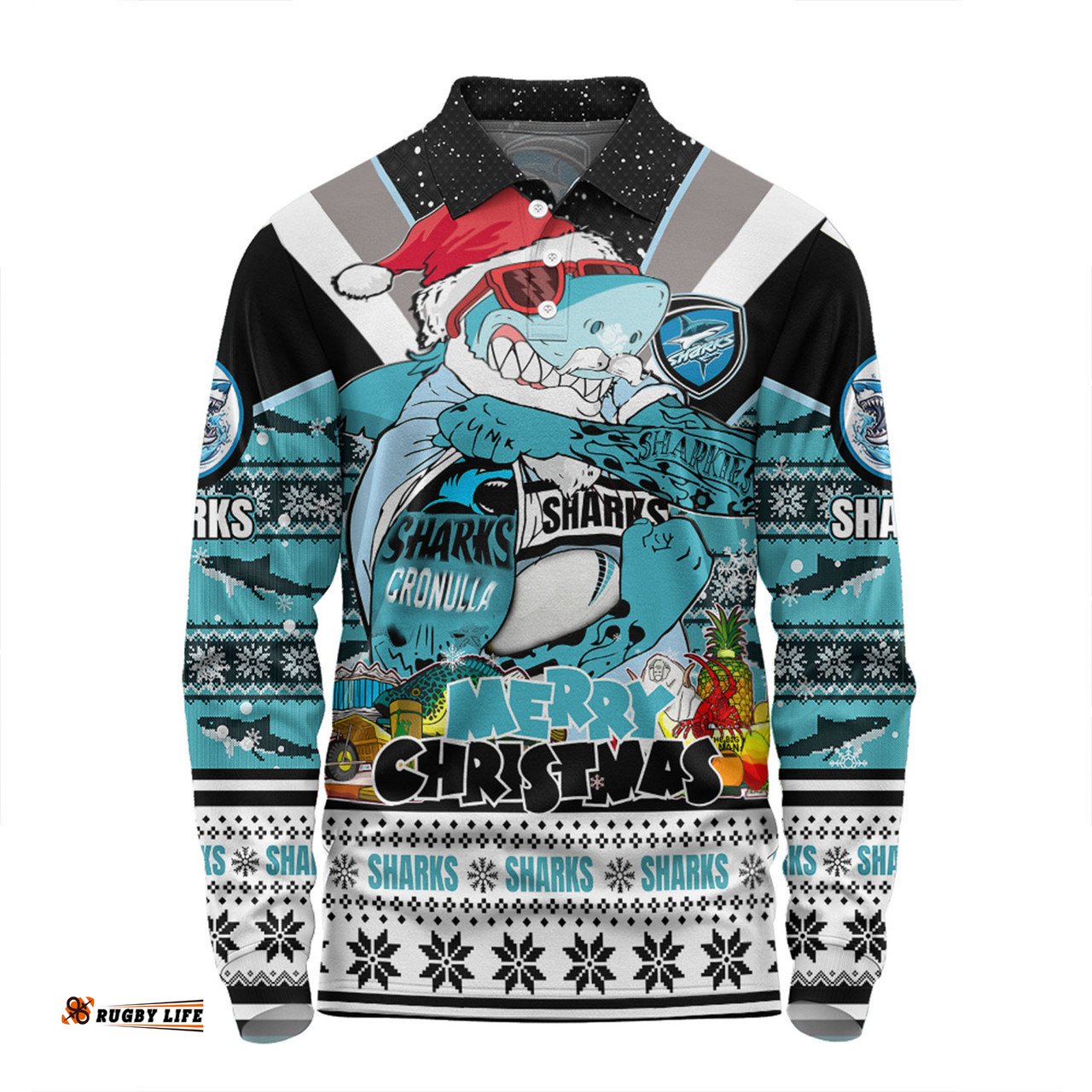 Amazing Aussie Cronulla Sutherland Sharks Christmas Custom Sharks Santa Aussie Big Things Long Sleeve Polo Shirt