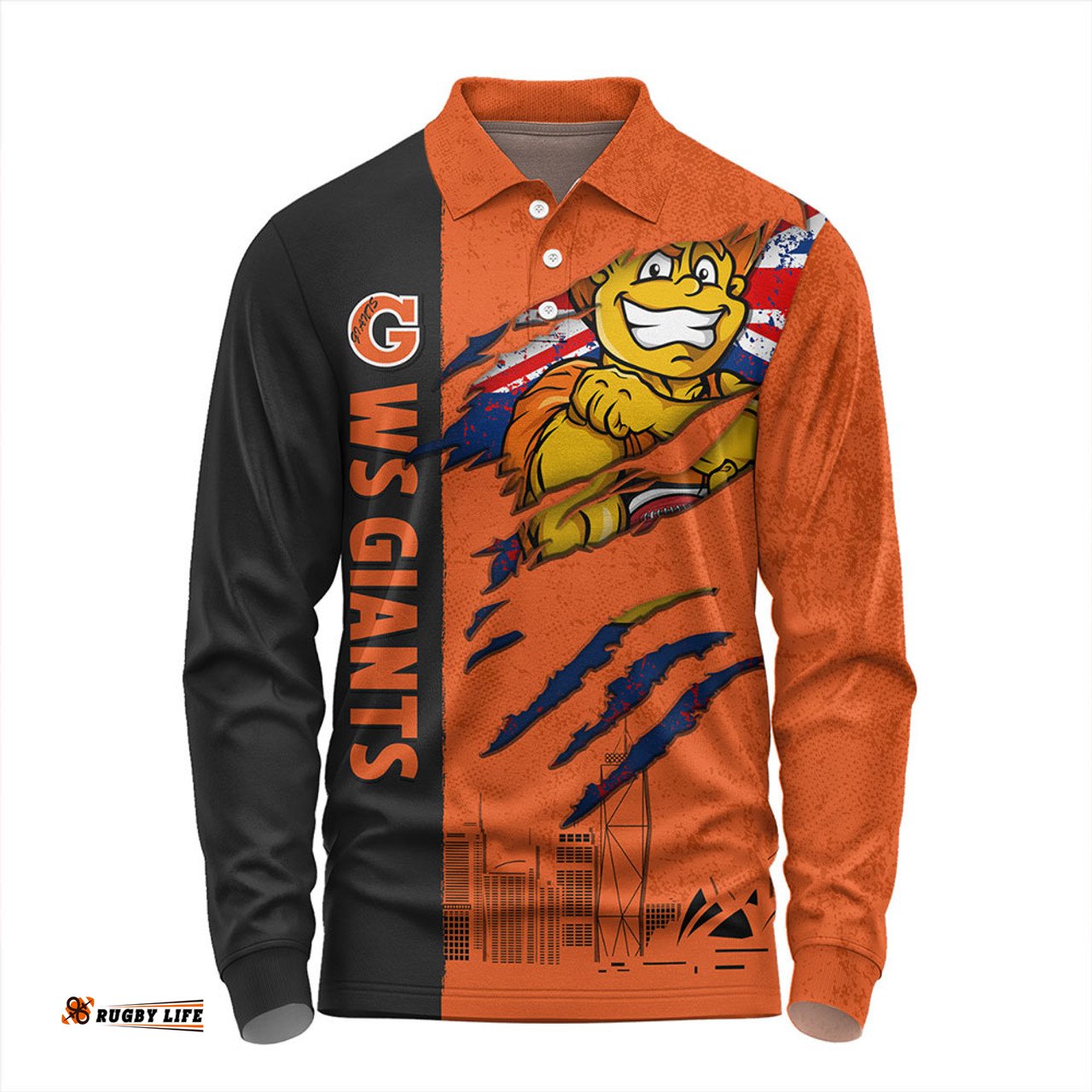 Amazing Aussie GWS GIANTS Burning Passion Of Power Scratch Style Long Sleeve Polo Shirt
