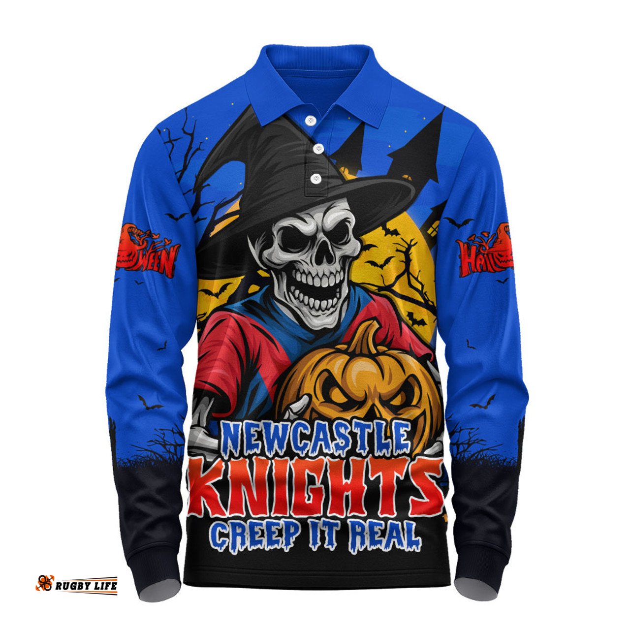 Amazing Aussie Newcastle Knights Dark Moon Rugby Halloween Battle Edition Long Sleeve Polo Shirt