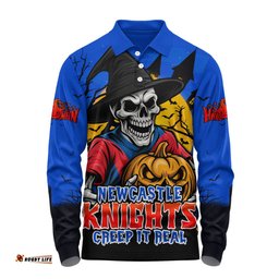 Amazing Aussie Newcastle Knights Dark Moon Rugby Halloween Battle Edition Long Sleeve Polo Shirt
