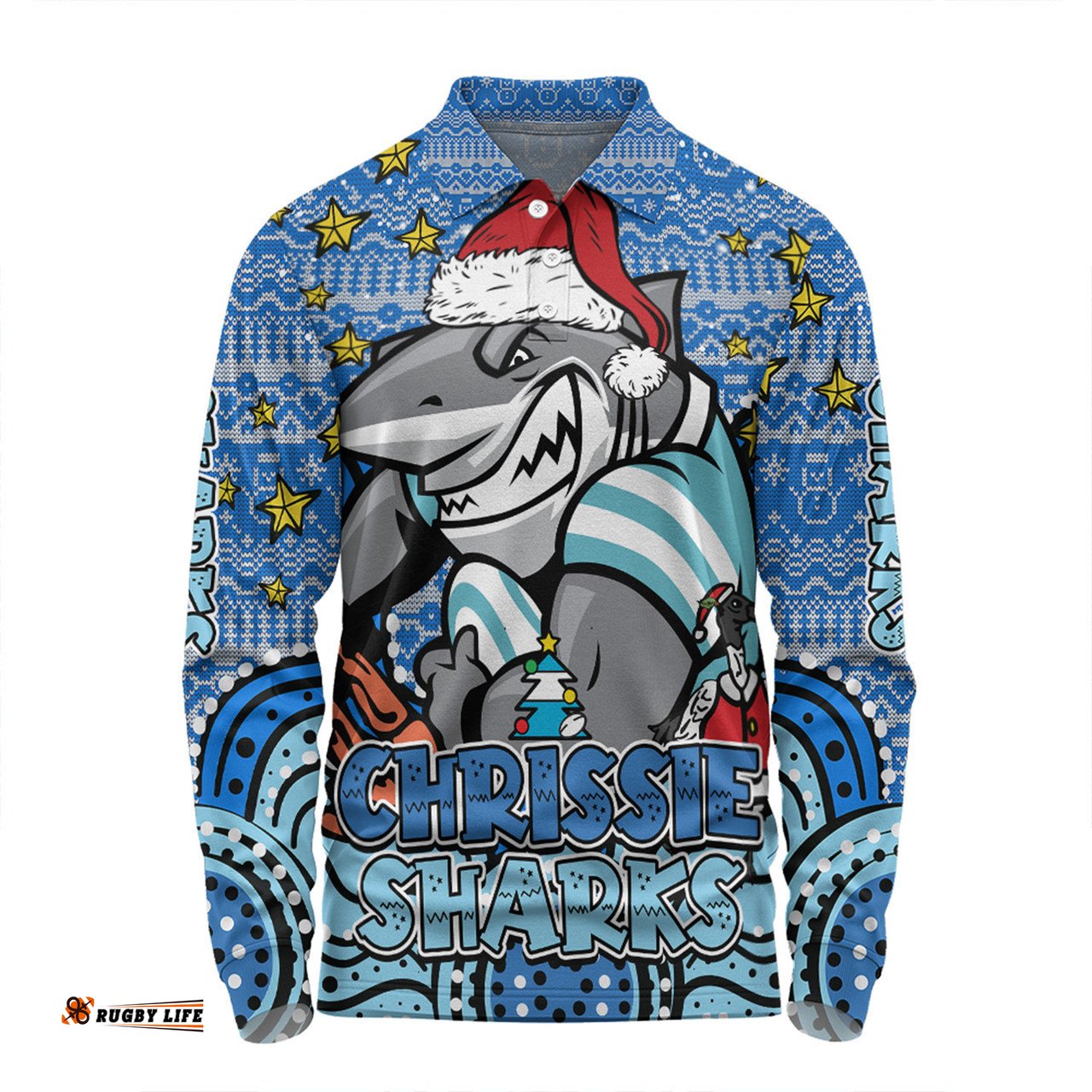 Amazing Aussie Cronulla Sutherland Sharks Christmas Custom Christmas Knit Patterns Vintage Jersey Ugly Long Sleeve Polo Shirt