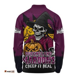 Amazing Aussie Queensland Maroons Dark Moon Rugby Halloween Battle Edition Long Sleeve Polo Shirt