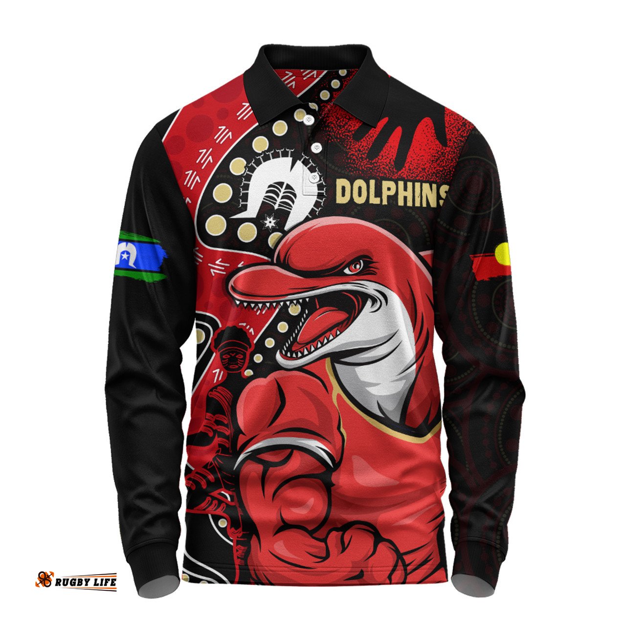 Amazing Aussie Redcliffe Dolphins NAIDOC Indigenous Warrior Spirit Long Sleeve Polo Shirt