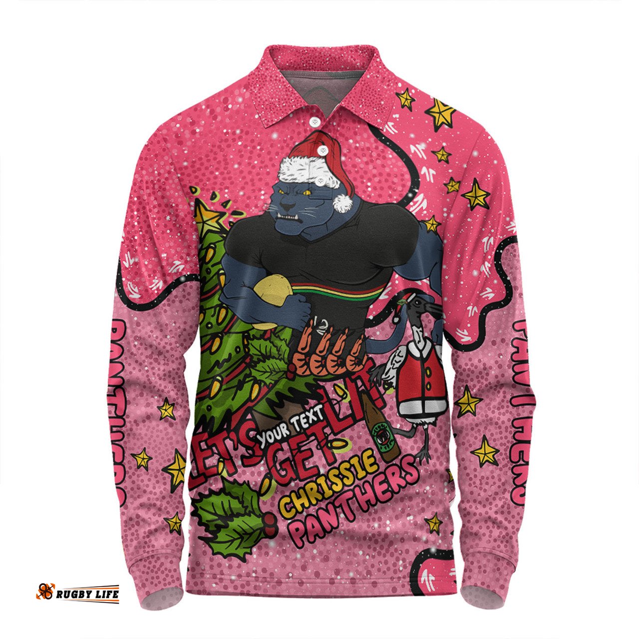 Amazing Aussie Penrith Panthers Christmas Custom Let's Get Lit Chrisse Pressie Pink Long Sleeve Polo Shirt