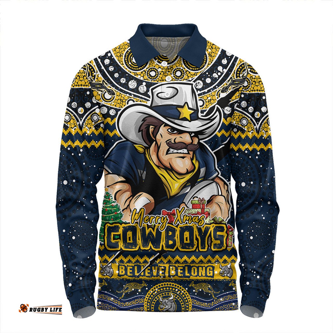 Amazing Aussie North Queensland Cowboys Aboriginal Xmas Special Ugly Christmas Style Long Sleeve Polo Shirt