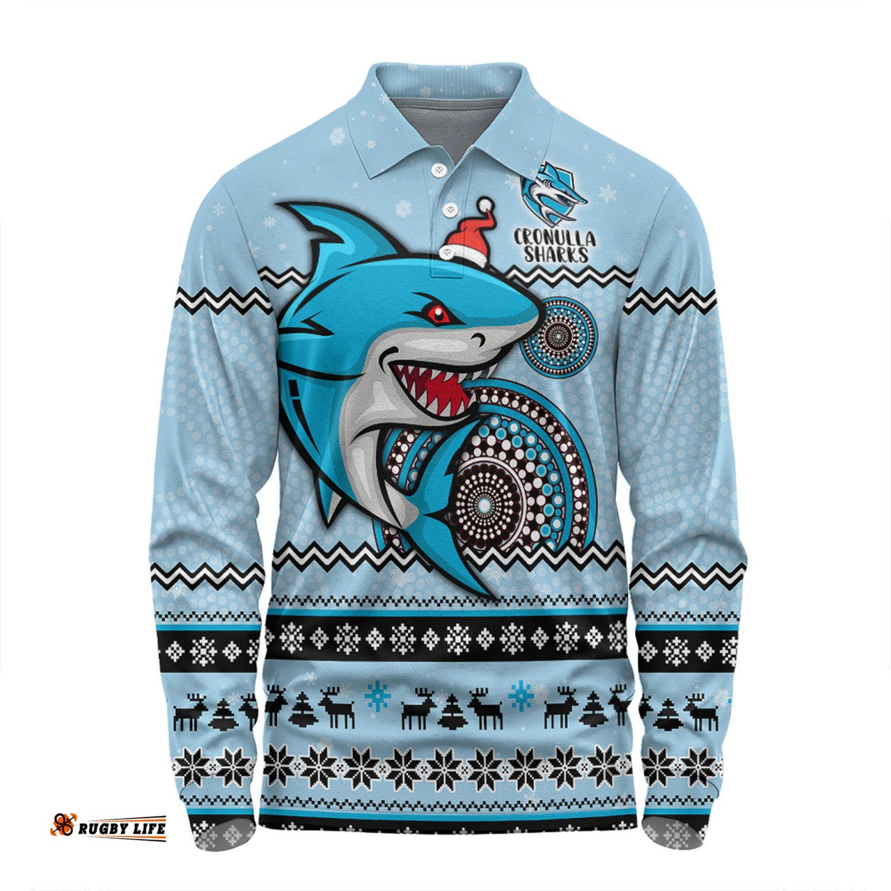 Amazing Aussie Cronulla Sutherland Sharks Christmas Custom Ugly Xmas And Aboriginal Patterns For Die Hard Fan Long Sleeve Polo Shirt