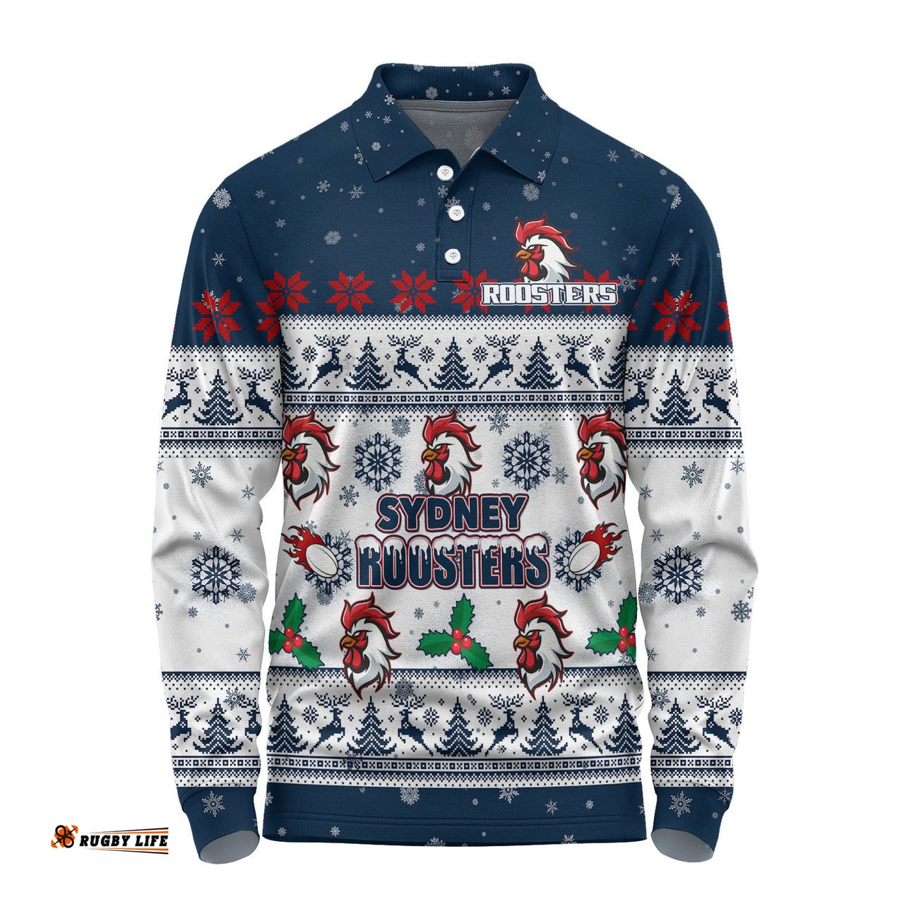 Amazing Aussie Sydney Roosters Christmas Custom Special Ugly Christmas Long Sleeve Polo Shirt