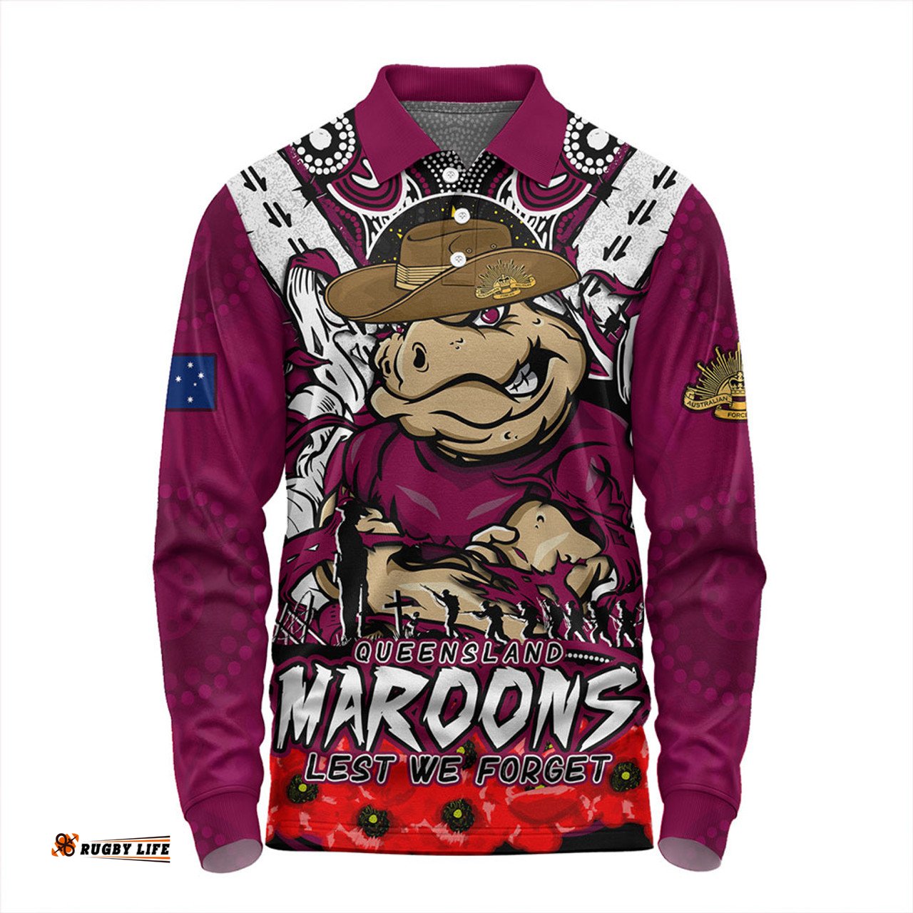 Amazing Aussie Queensland Maroons Ripped Legacy Of The Game The ANZAC Spirit Lives On Long Sleeve Polo Shirt