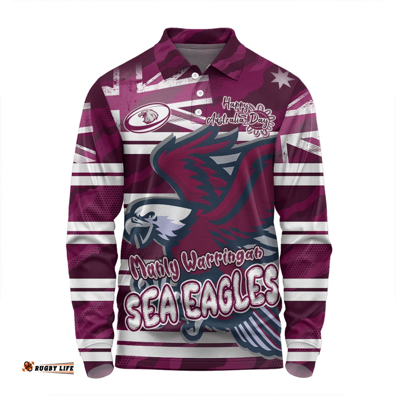 Amazing Aussie Manly Warringah Sea Eagles Happy Australia Day We Are One And Free Long Sleeve Polo Shirt
