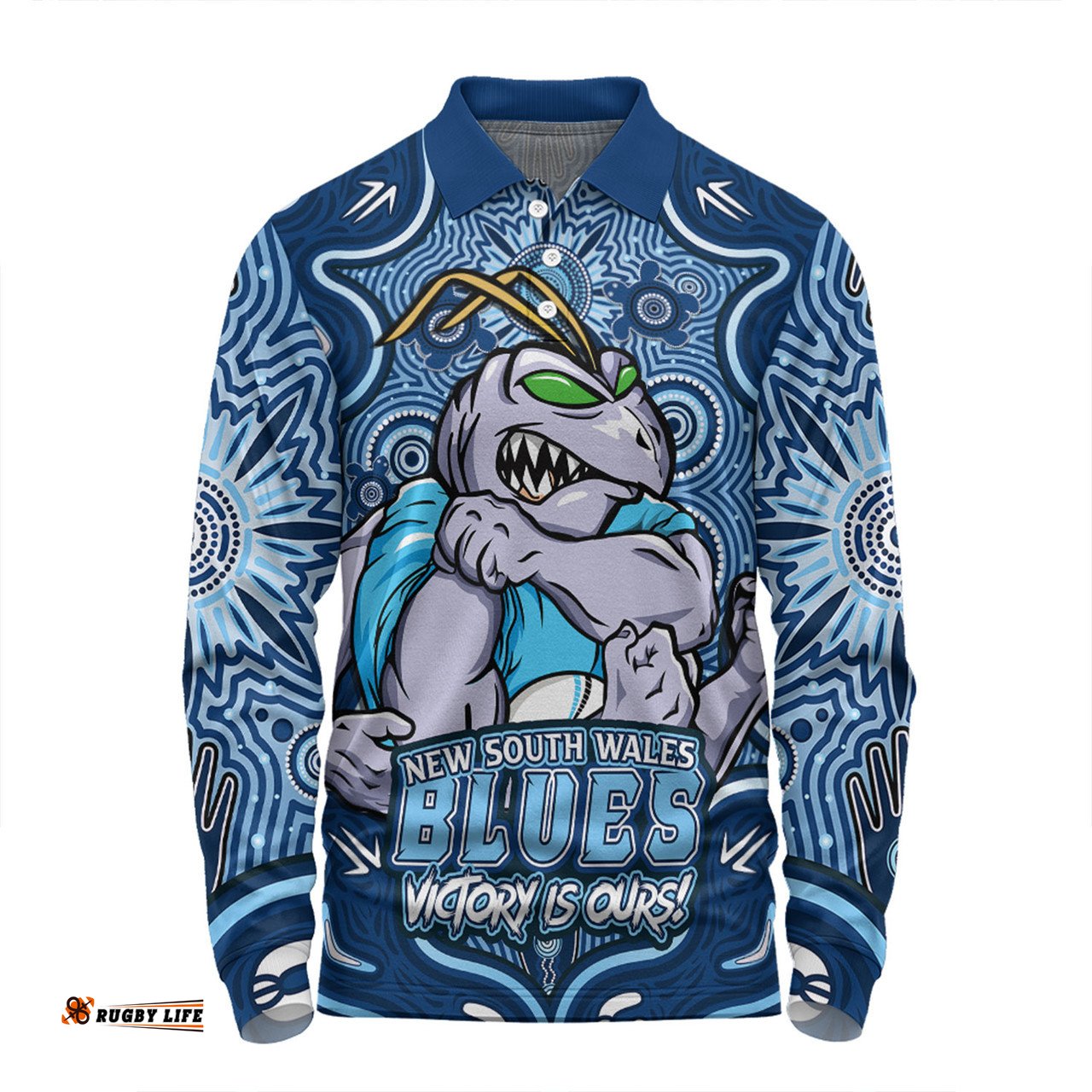 Amazing Aussie New South Wales Blues Aboriginal Pattern Inspired Victory Is Ours Long Sleeve Polo Shirt