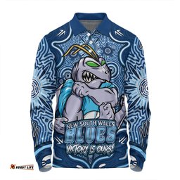 Amazing Aussie New South Wales Blues Aboriginal Pattern Inspired Victory Is Ours Long Sleeve Polo Shirt