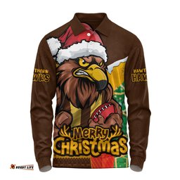 Amazing Aussie Hawthorn Santa Scoring Touchdown On Christmas Game Day Long Sleeve Polo Shirt