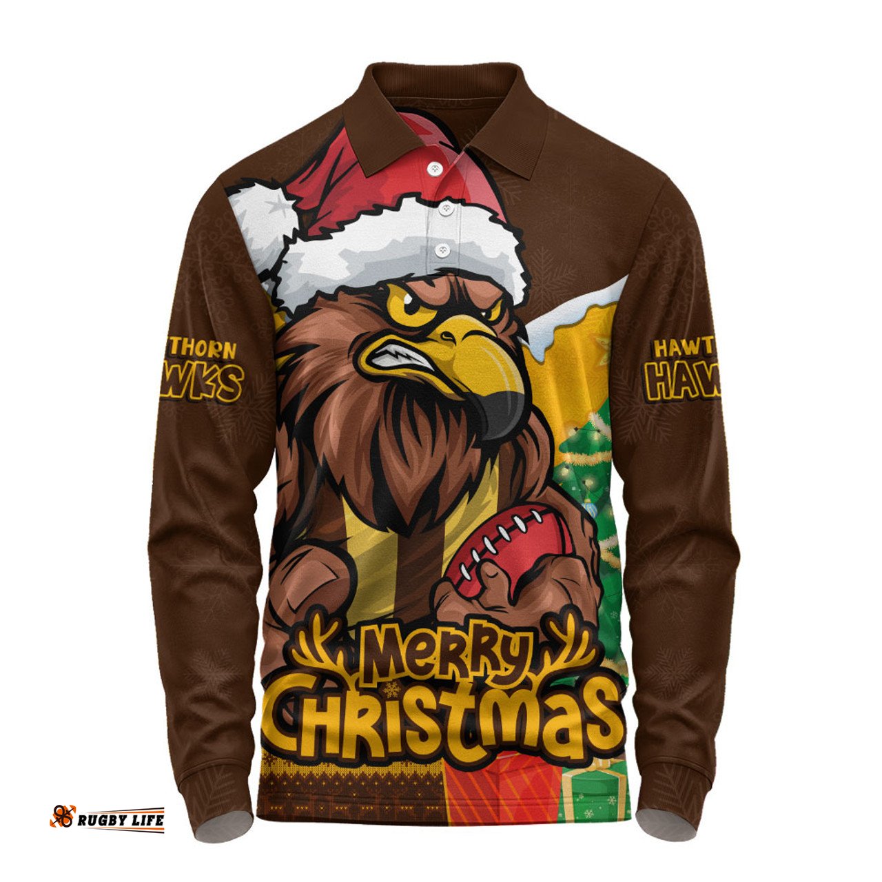 Amazing Aussie Hawthorn Santa Scoring Touchdown On Christmas Game Day Long Sleeve Polo Shirt