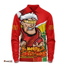 Amazing Aussie Gold Coast SUNS Santa Scoring Touchdown On Christmas Game Day Long Sleeve Polo Shirt