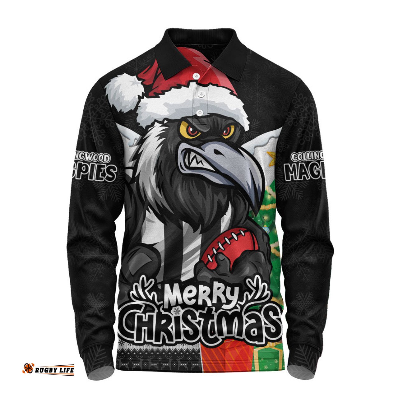 Amazing Aussie Collingwood Santa Scoring Touchdown On Christmas Game Day Long Sleeve Polo Shirt