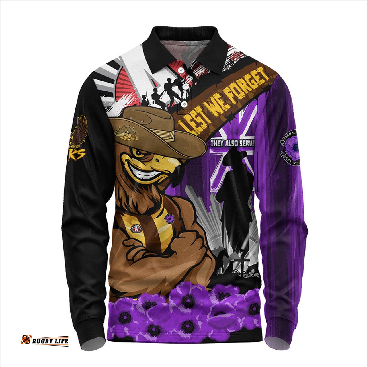 Amazing Aussie Hawthorn ANZAC Day Honor Purple Valor And Spirit Long Sleeve Polo Shirt