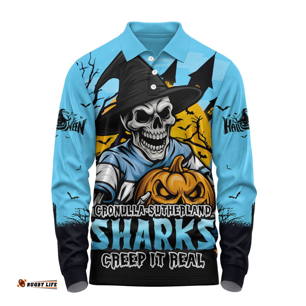 Amazing Aussie Cronulla Sutherland Sharks Dark Moon Rugby Halloween Battle Edition Long Sleeve Polo Shirt
