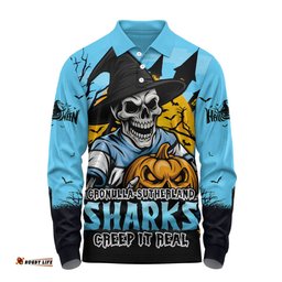 Amazing Aussie Cronulla Sutherland Sharks Dark Moon Rugby Halloween Battle Edition Long Sleeve Polo Shirt