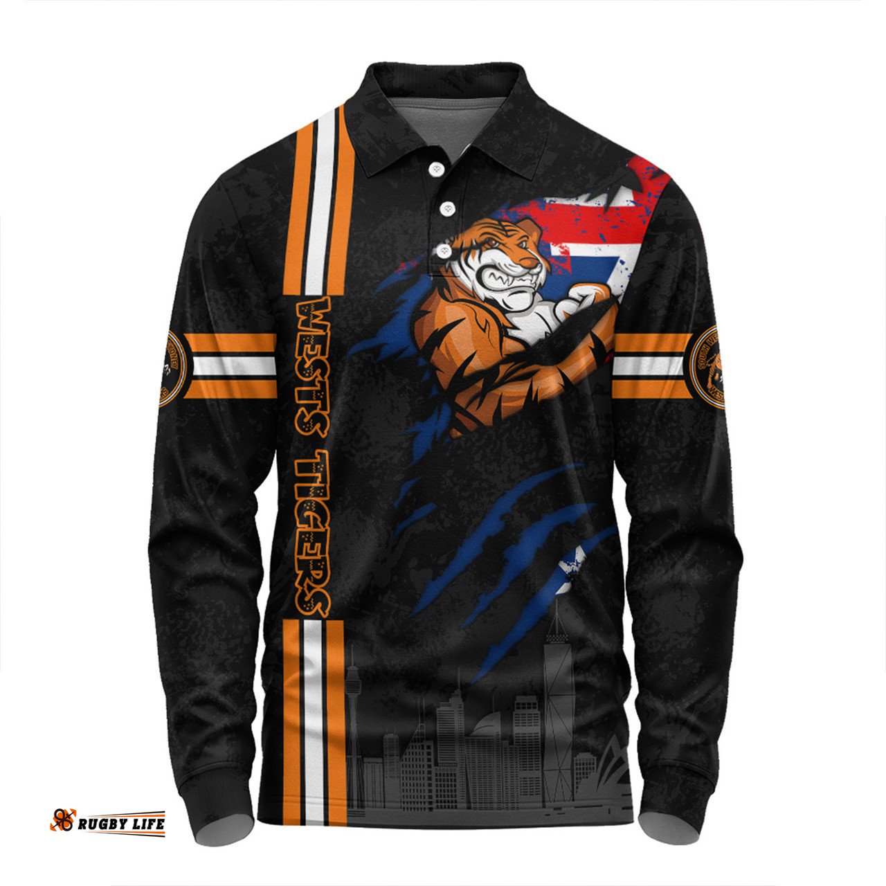 Amazing Aussie Wests Tigers Happy Australia Day Flag Scratch Style Long Sleeve Polo Shirt