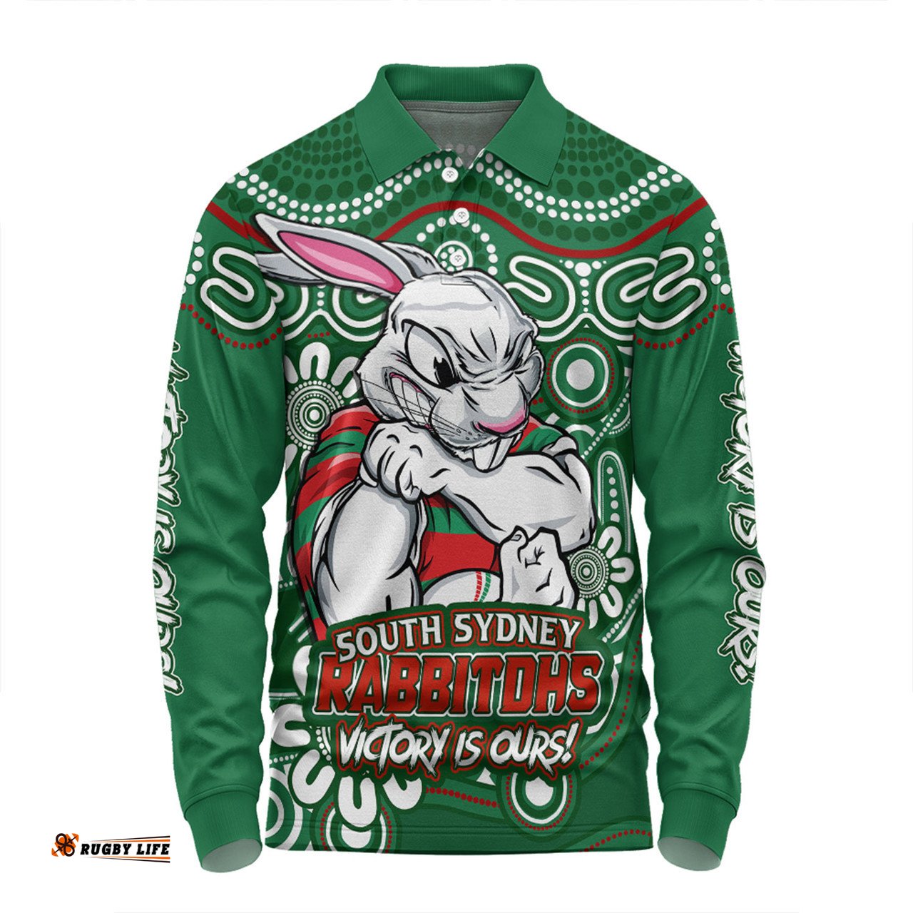 Amazing Aussie South Sydney Rabbitohs Aboriginal Inspired Tough Fan Rugby For Life Long Sleeve Polo Shirt