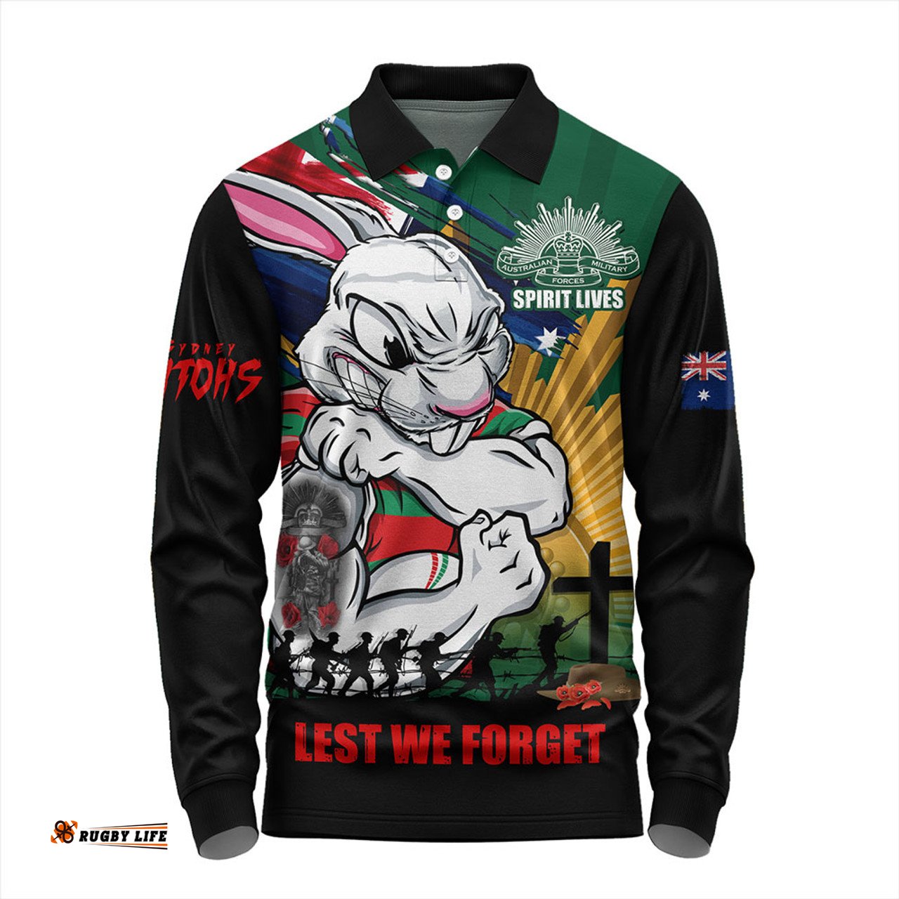 Amazing Aussie South Sydney Rabbitohs Fearless ANZAC Defender Long Sleeve Polo Shirt