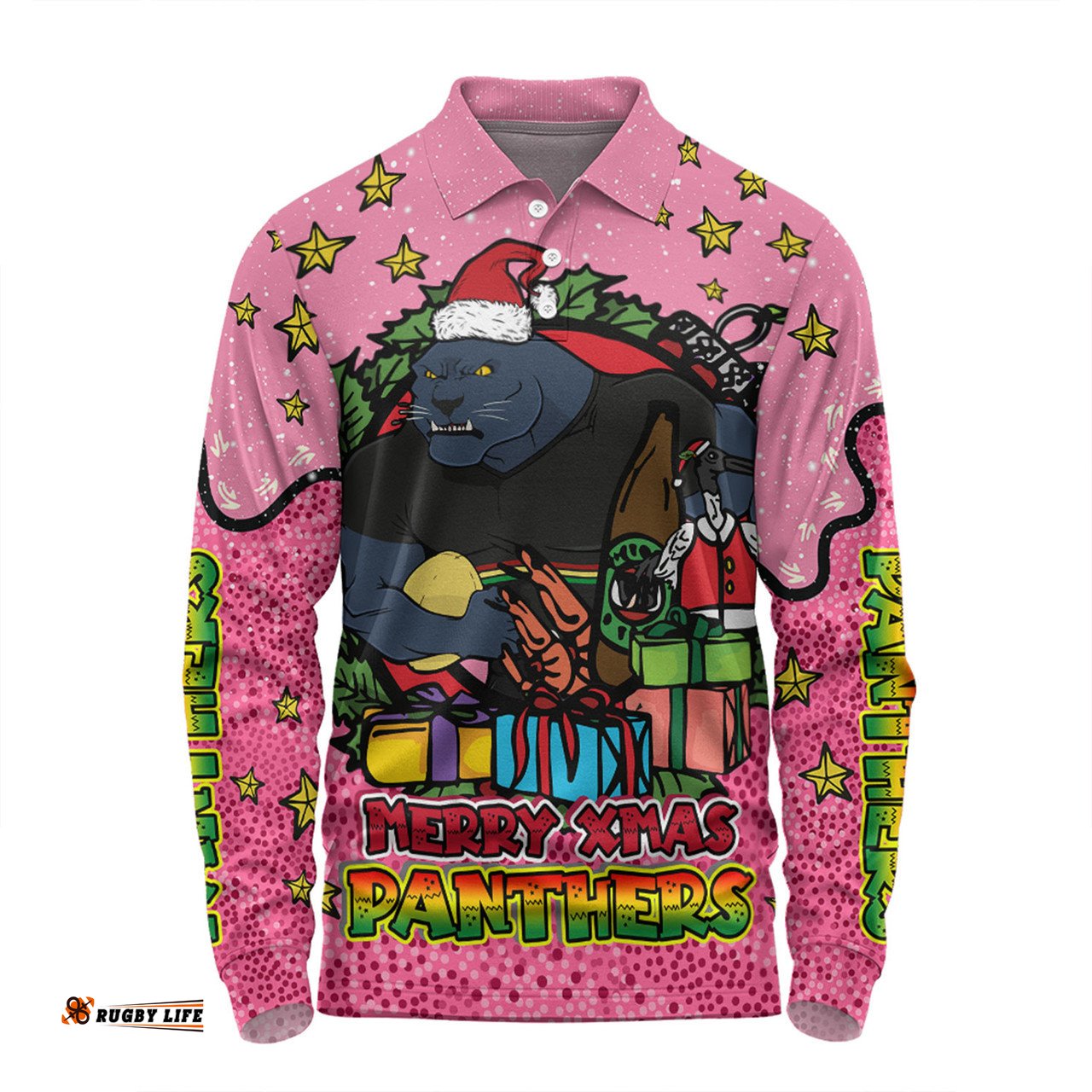 Amazing Aussie Penrith Panthers Christmas Custom Merry Christmas Our Beloved Team With Aboriginal Dot Art Pattern V2 Long Sleeve Polo Shirt