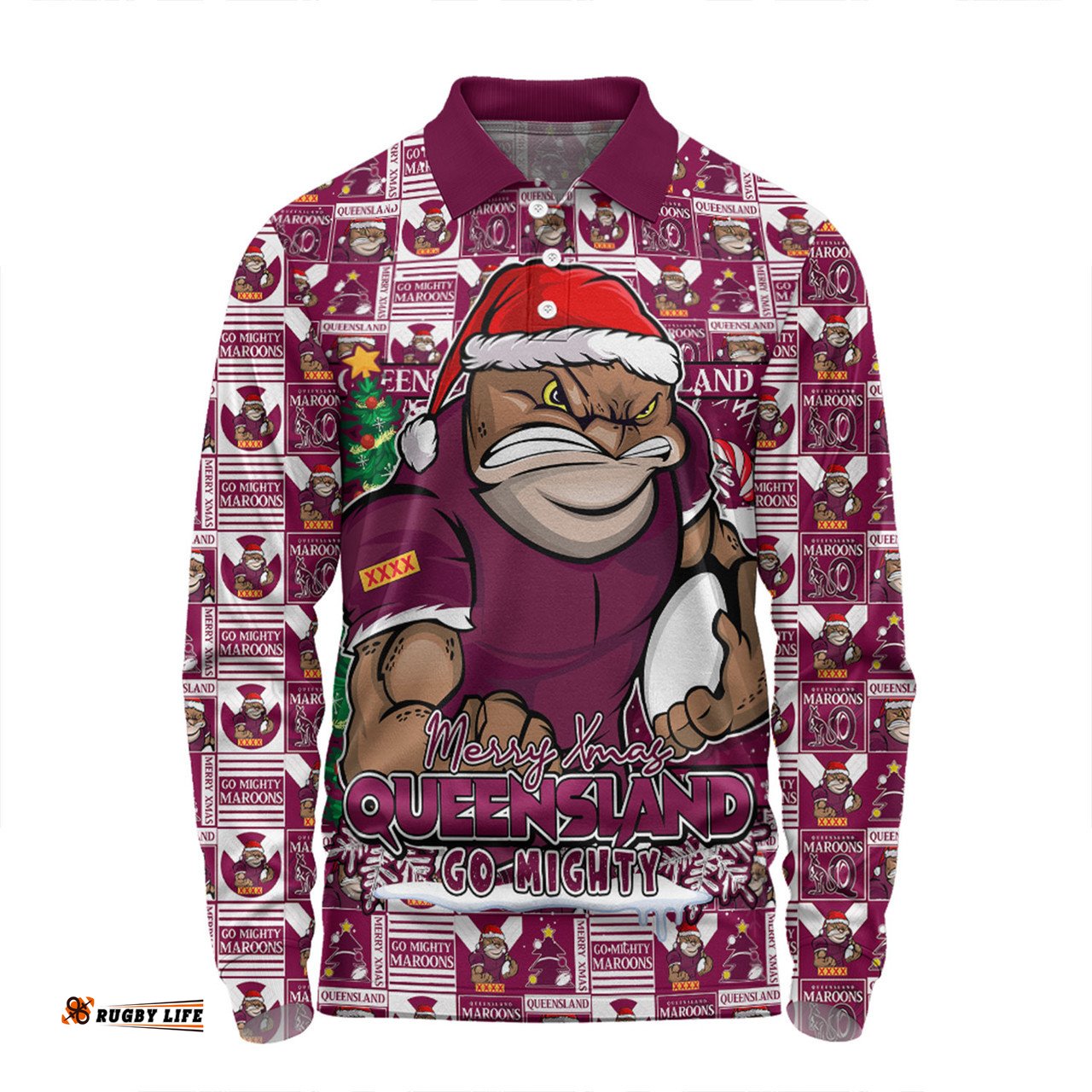 Amazing Aussie Queensland Maroons Merry Ugly Christmas Comic Style Long Sleeve Polo Shirt