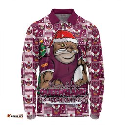 Amazing Aussie Queensland Maroons Merry Ugly Christmas Comic Style Long Sleeve Polo Shirt