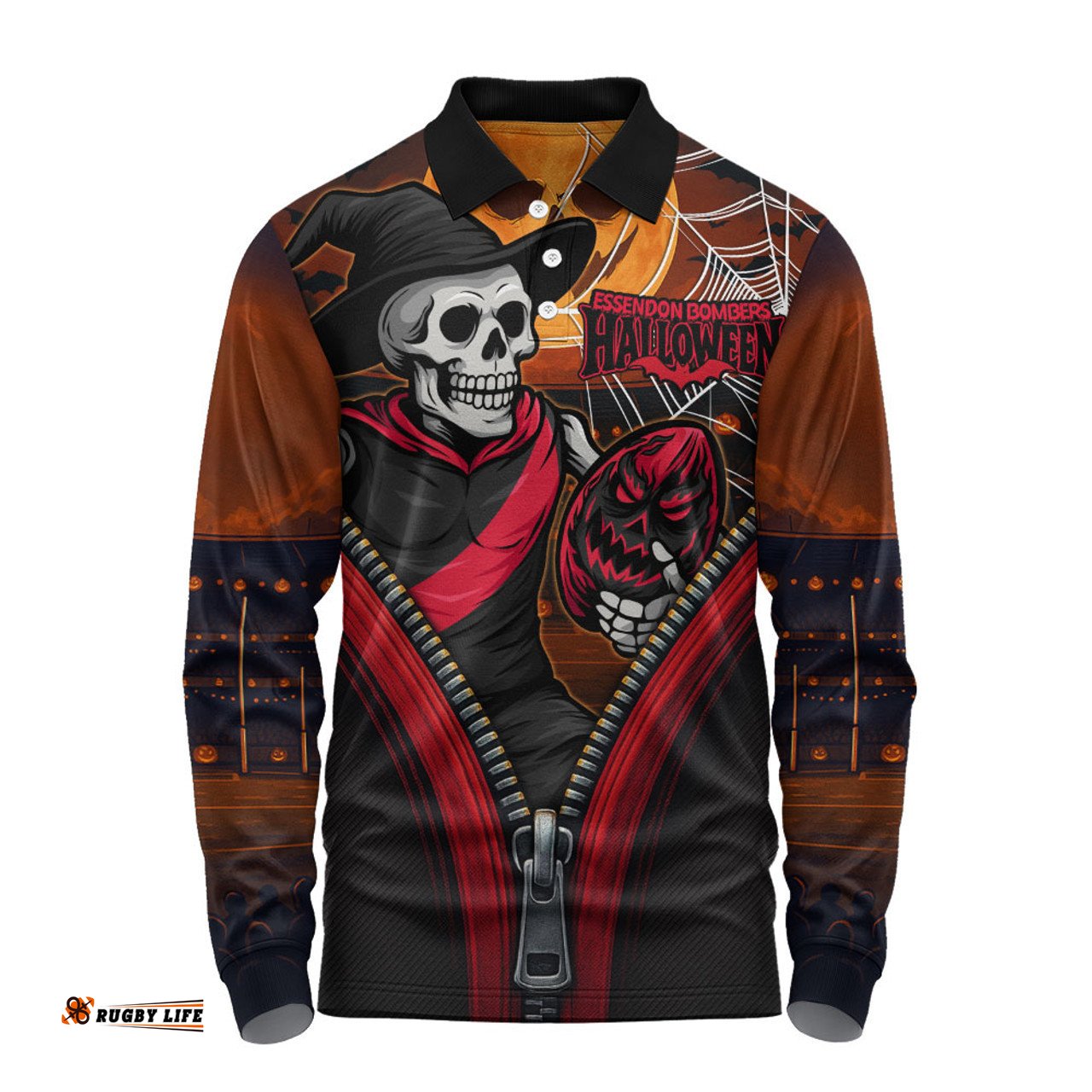 Amazing Aussie Essendon Halloween Night Reaper Zipper Long Sleeve Polo Shirt