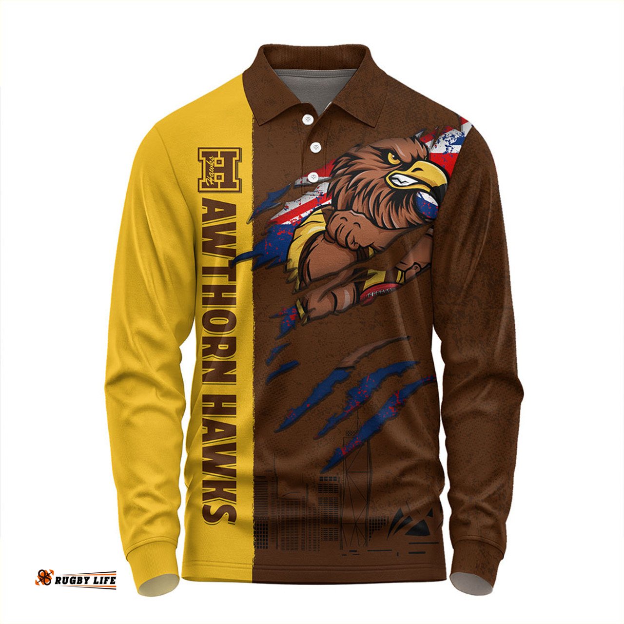 Amazing Aussie Hawthorn Burning Passion Of Power Scratch Style Long Sleeve Polo Shirt